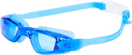 Blauwe zwembril met lichtblauwe band en verstelbare neusbrug. CE BS ISO 15527-3:2020 keurmerk.