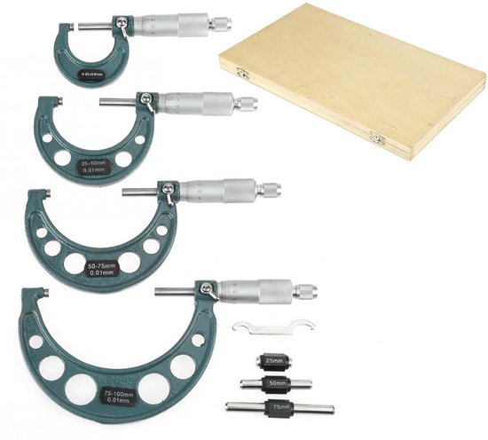 Buitenmicrometer Micrometer Set Hardmetaal Gietijzer 4 Stuks 0 100Mm Metrisch Buitenmicrometers Diktemeter Meten Remklauwen Met Koffer