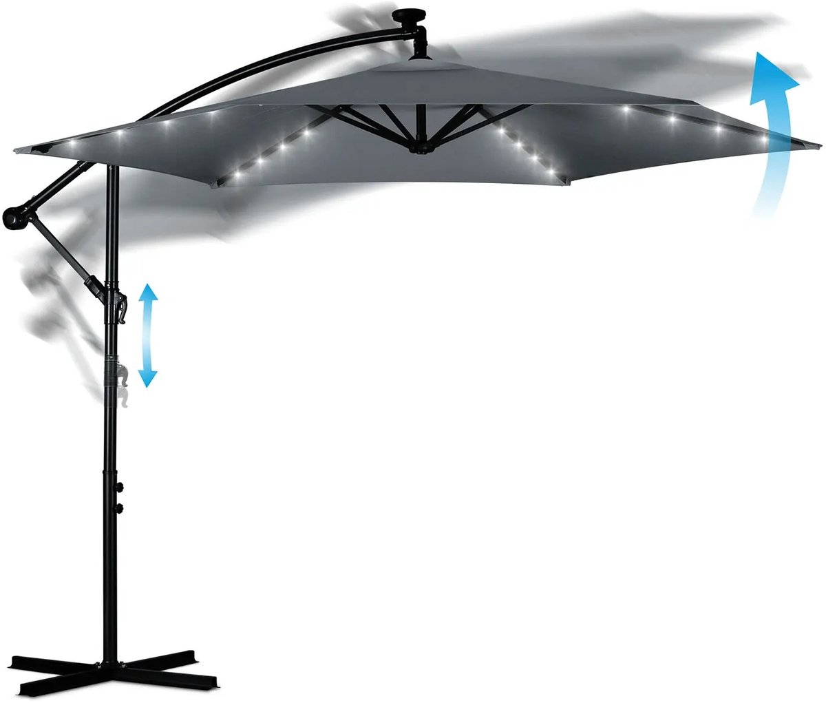 Jurrys Parasol - Zweefparasol - Schaduwdoek - Tuinparasol - Inclusief verlichting - Complete set - Polyester - Grijs - 300cm – foto 2