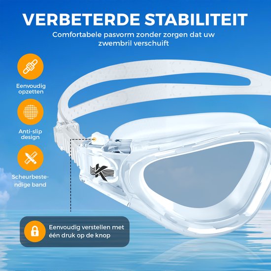 Witte zwembril met anti-slip ontwerp en verstelbare band. "Verbeterde stabiliteit"