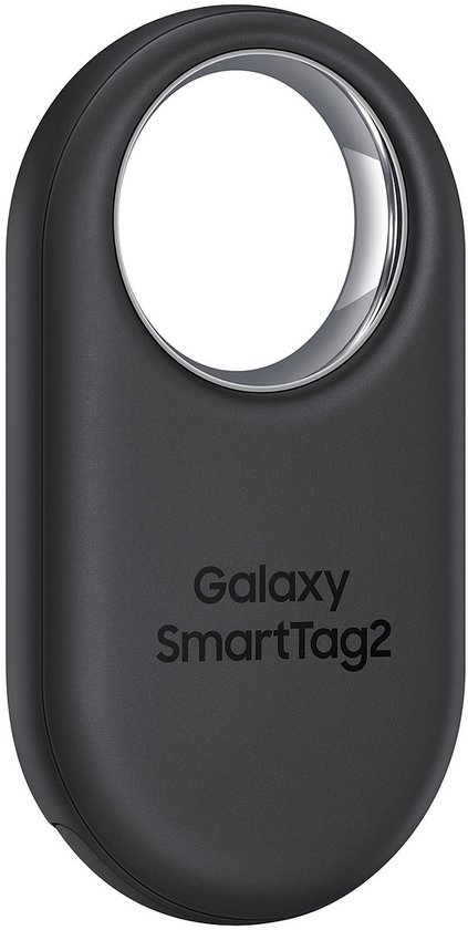 Galaxy SmartTag2 tracker in het zwart met een ovale, metalen ring.