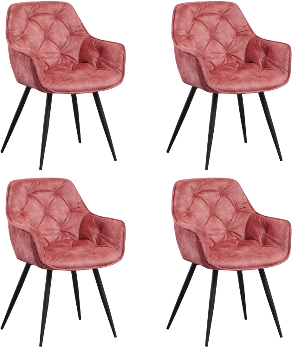 Dimehouse Set van 4 Eetkamerstoelen Velvet Roze Stof Audrey - Met Armleuningen - Velvet - Industrieel