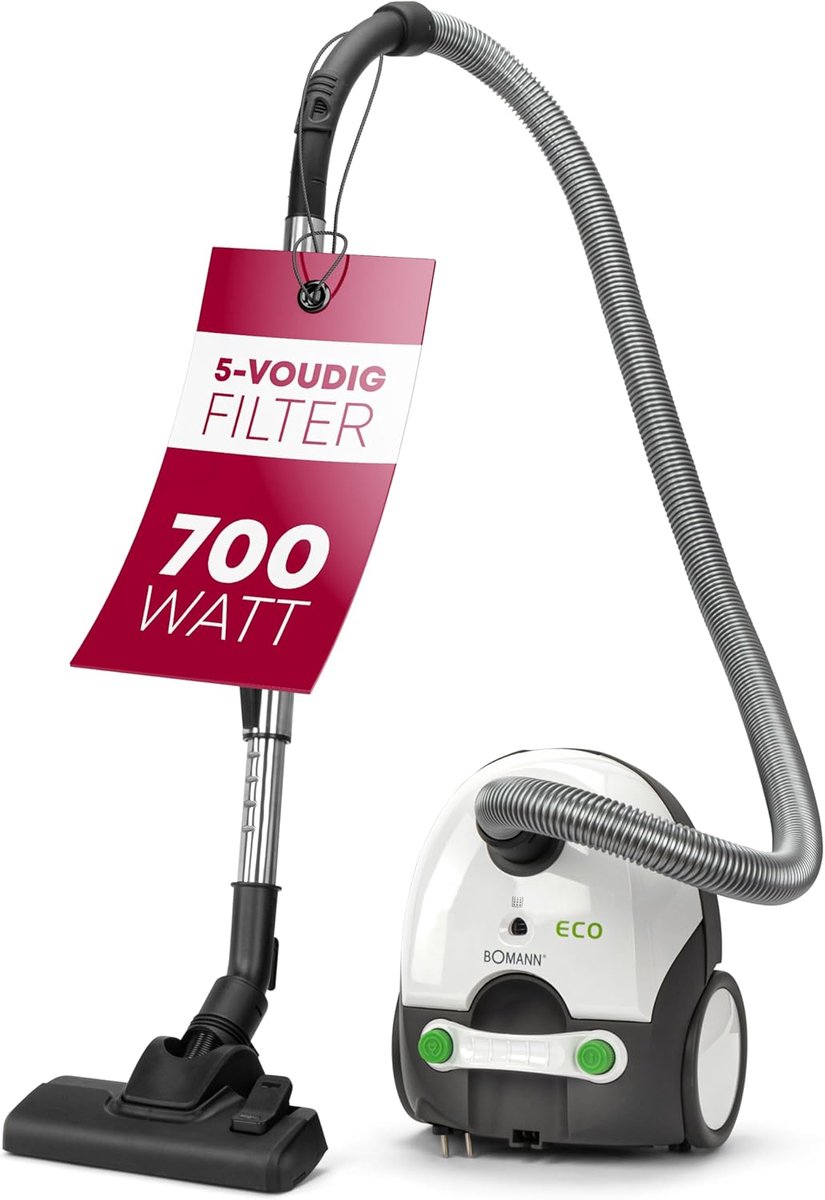 Stofzuiger met Zak - 700 Watt - RVS Telescoopbuis en Microfilter - Wit/Grijs