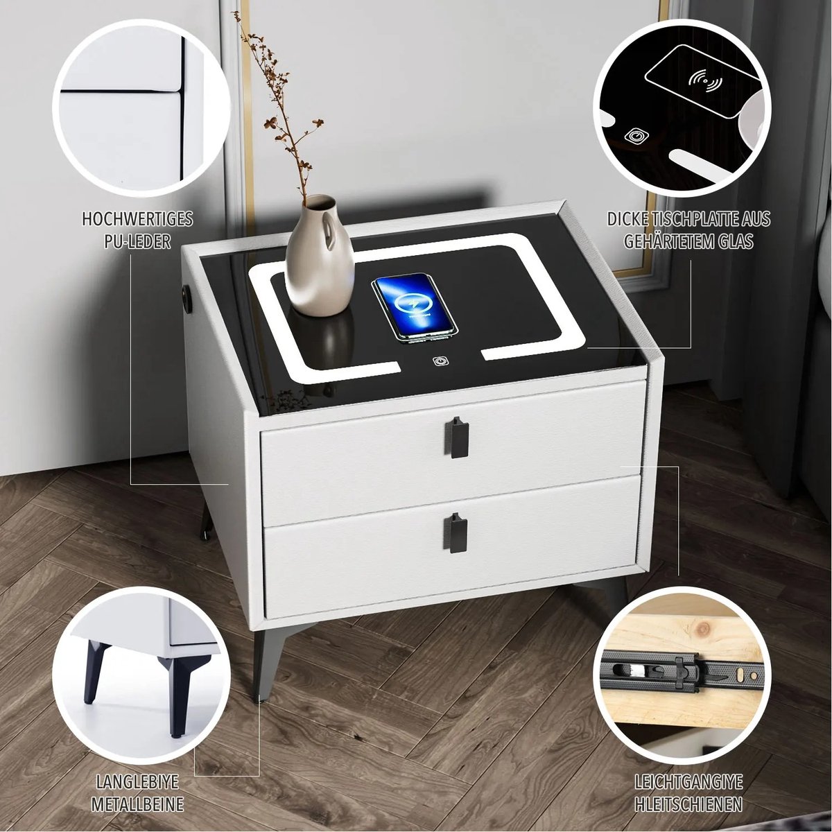 Lvifur Led-nachtkastje met oplaadfunctie, smart nachtkastje met 3 lichtpunten, dimbaar, hoogglans dressoir met 3 laden, USB Type-C, automatische sensor, slaapkamer, zwart
