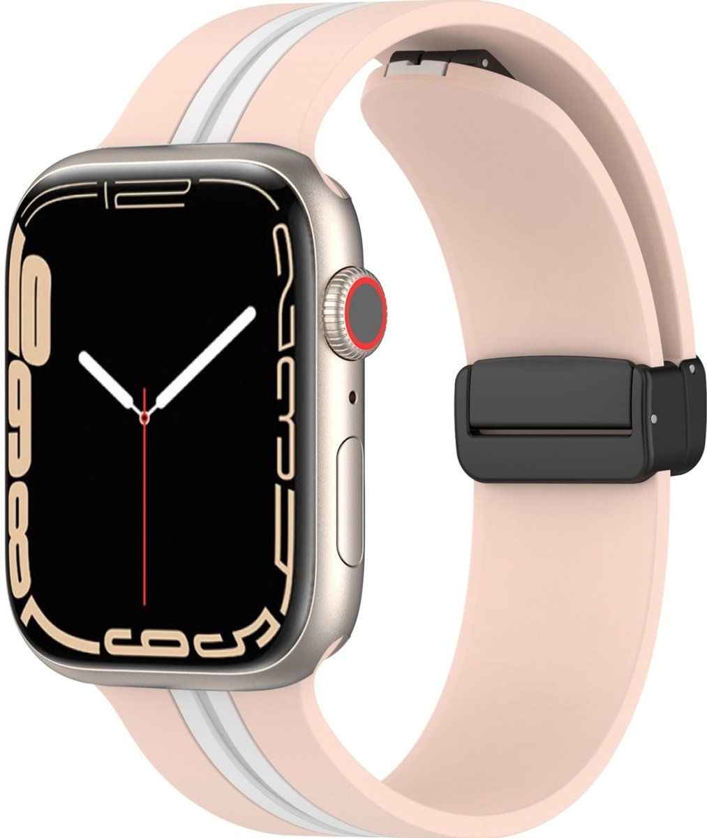 Mobigear Siliconen Watch bandje geschikt voor Apple Watch Bandje Magneetsluiting | Mobigear Stripe Mag - 42/41/40/38 mm - Wit / Roze