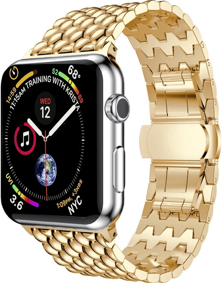 Mobigear Stalen Watch bandje geschikt voor Apple Watch Bandje Vouwsluiting | Mobigear Dragon - 49/46/45/44 mm - Goud