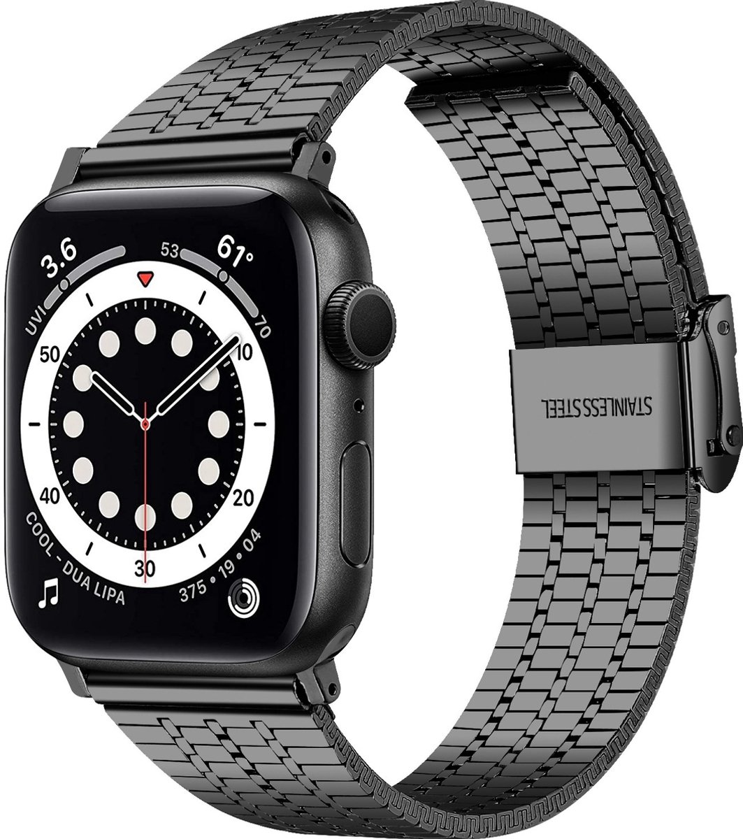 Mobigear Stalen Watch bandje geschikt voor Apple Watch Bandje Klemsluiting | Mobigear Kopenhagen - 42/41/40/38 mm - Zwart