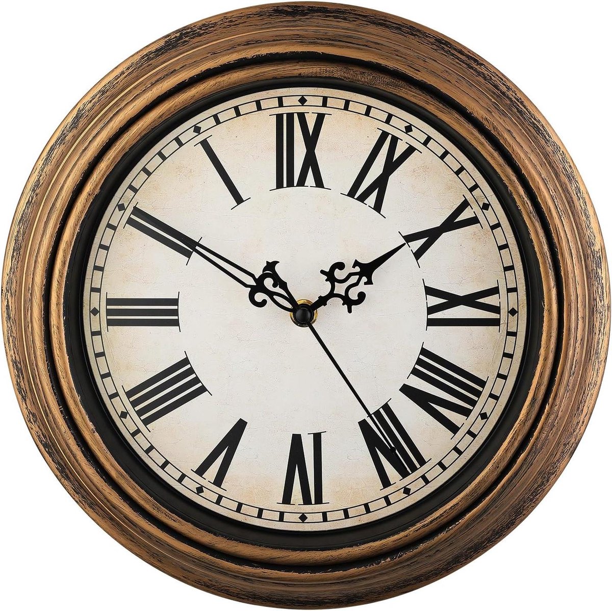 Retro wandklok 12 '' niet-tikkende klassieke stille vintage met Romeinse cijfers - werkt op batterijen - voor decoratie in keuken, woonkamer en slaapkamer