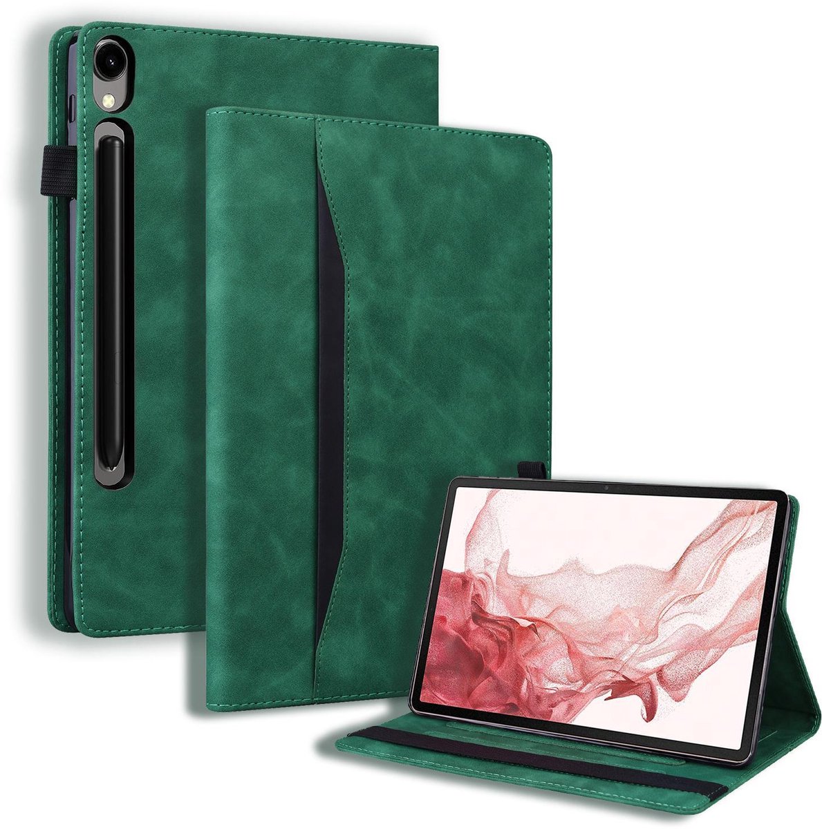Mobigear Tablethoes geschikt voor Samsung Galaxy Tab S10 FE Plus Hoes | Mobigear Folio Bookcase | Pasjeshouder voor 3 Pasjes | Telefoonhoesje voor Pinpas / OV Kaart / Rijbewijs - Groen
