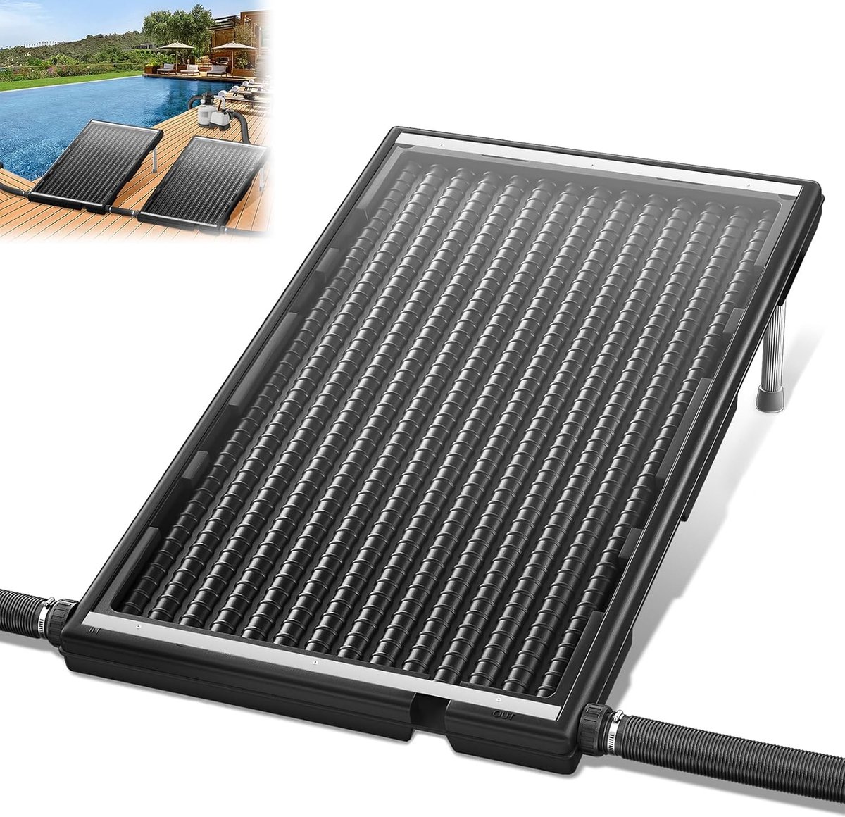 Aufun Zonnecollector Zwembad Zwembadverwarming Solar 110x69x14 cm Zonneverwarming Zwembad 10000 L/h Hoogte Verstelbaar 38mm Aansluiting Warmwaterboilers Solar Mat Voor Zwembad, Tuin, Tuindouche Zwembad