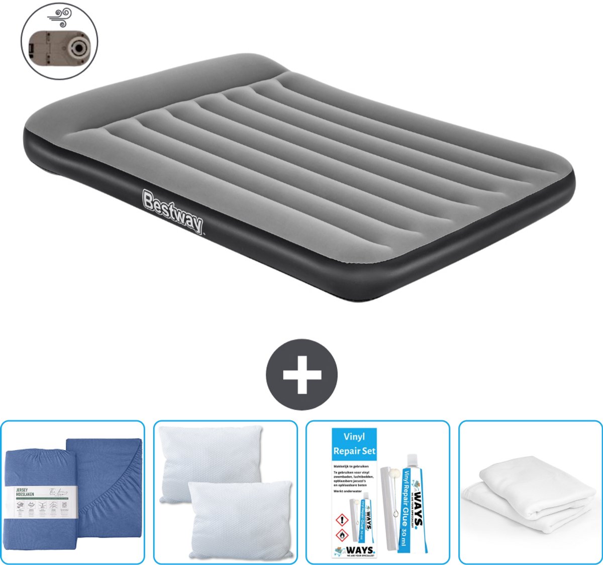 Bestway luchtbed - Twijfelaar - 137 x 191 x 30 cm - Grijs - Inclusief pomp - Hoeslaken - Kussen - Kussenbeschermer en Reparatieset