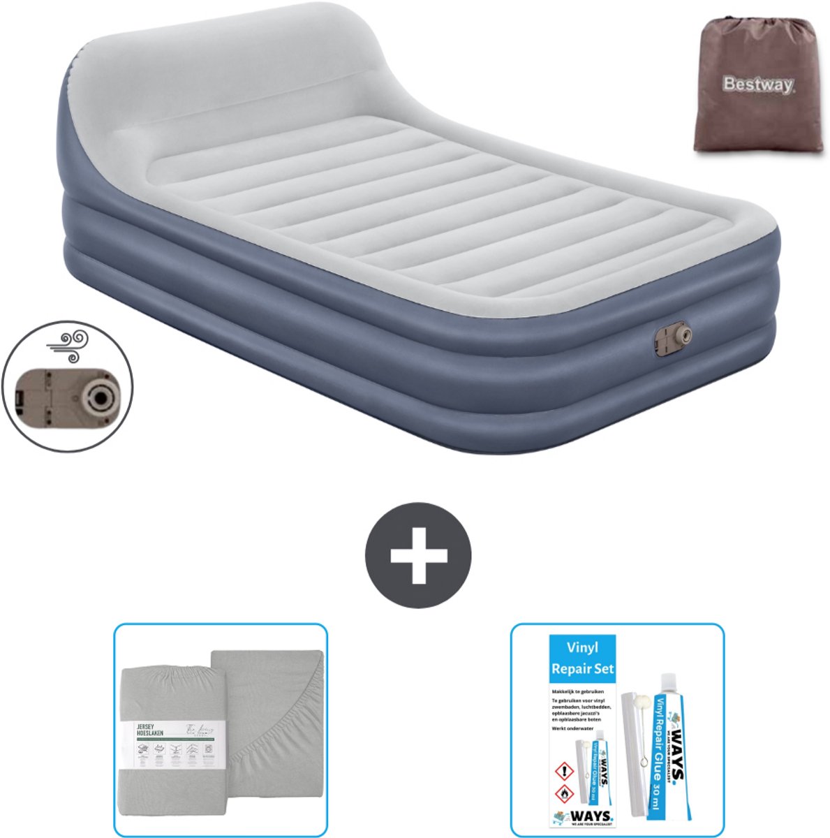Bestway luchtbed - 2-Persoons - 152 x 226 x 46 cm - Grijs - Inclusief pomp - Hoeslaken en Reparatieset
