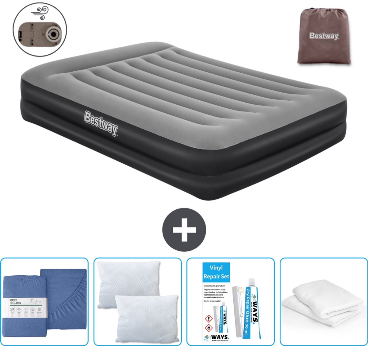 Bestway luchtbed - 2-Persoons - 152 x 203 x 46 cm - Grijs - Inclusief pomp - Hoeslaken - Kussen - Kussenbeschermer en Reparatieset