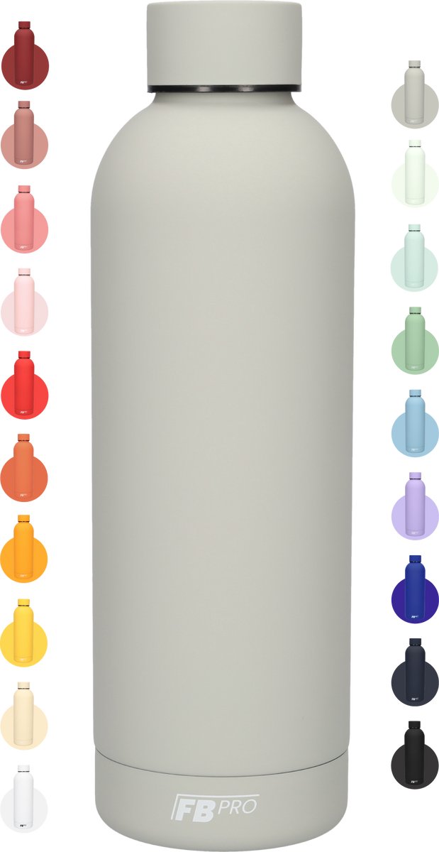 Drinkfles - Dubbelwandige waterfles - Thermosfles - RVS thermos fles - Geschikt voor warme en koude dranken - Extra grip door rubbercoating - 500 ML - Grijs