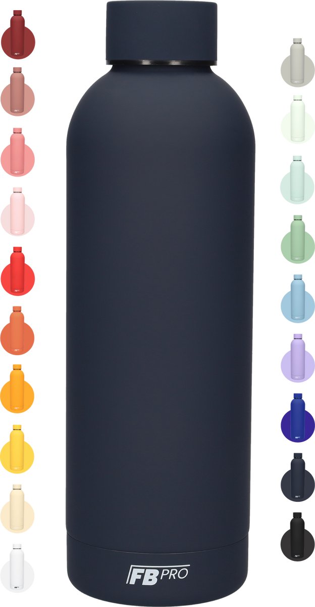 Drinkfles - Dubbelwandige waterfles - Thermosfles - RVS thermos fles - Geschikt voor warme en koude dranken - Extra grip door rubbercoating - 500 ML - Donker blauw