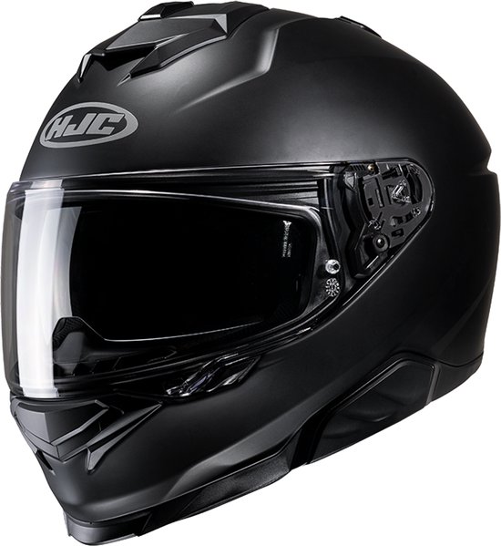 Matzwarte HJC integraalhelm met een helder vizier en zilveren logo.