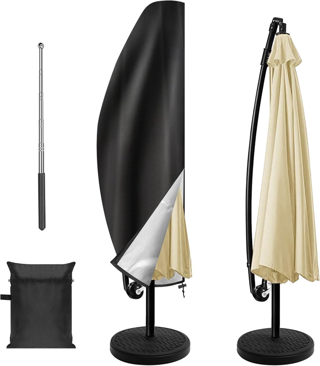Famanu Parasolhoes voor de tuin, paraplu met ritssluiting, 420D Oxford-weefsel, winddicht, uv-bescherming, afdekking voor tuin, strand, balkon, 265 x 40/70/50 cm zwart