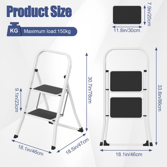 FIVMEN Trapladder, 2 treden, inklapbare ladder, vouwladder