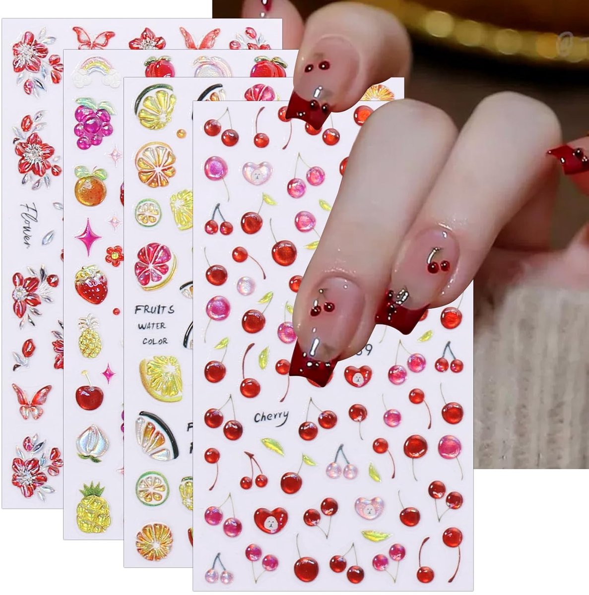 Goedkoopste 4 vellen 5D nagel stickers - Fruit nail art set - Zelfklevende nagelstickers - Nail art decoratie - Sinaasappel, kers designs