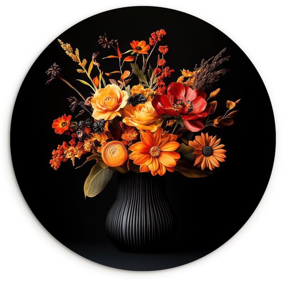 WallCircle® Wandcirkel 150x150 cm - Muurcirkel Herfst - Boeket - Oranje - Muurdecoratie woonkamer - Wanddecoratie slaapkamer - Kamer decoratie accessoires - Ronde schilderijen
