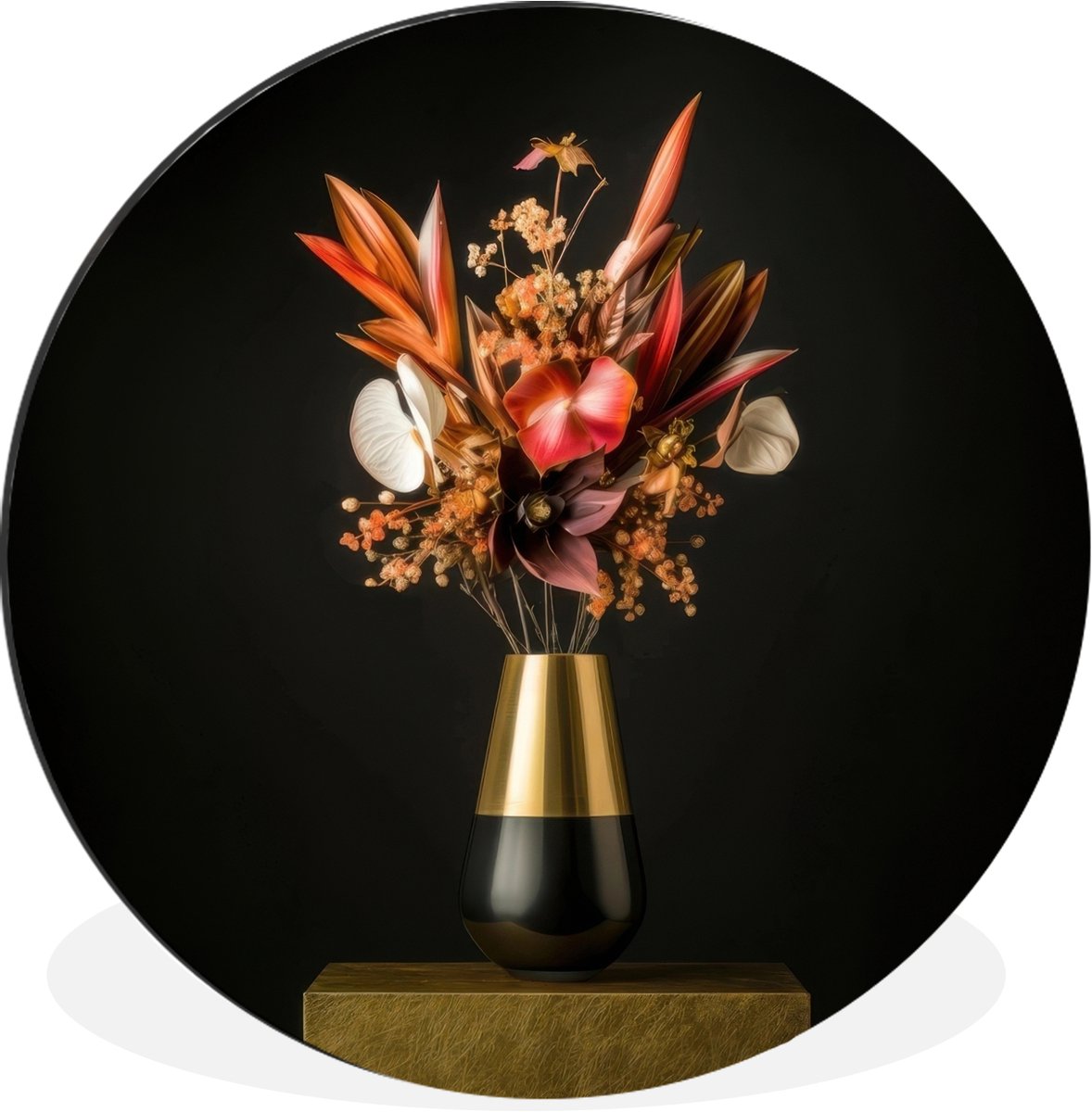WallCircle Wandcirkel - Muurcirkel - Exotisch - Boeket - Vaas - Goud - Aluminium - Dibond - 30x30 cm - Binnen en Buiten Boeket - Bloemen 4