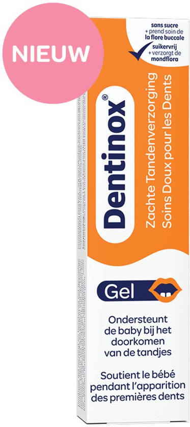Foto: Dentinox gel tandenverzoring voor doorkomende tandjes bij baby s verzorgt en beschermt gevoelig tandvlees ondersteunt de mondflora zachte aangename gel met kamillesmaak vrij van alcohol suikers gluten en lactose 100 vegan 10g