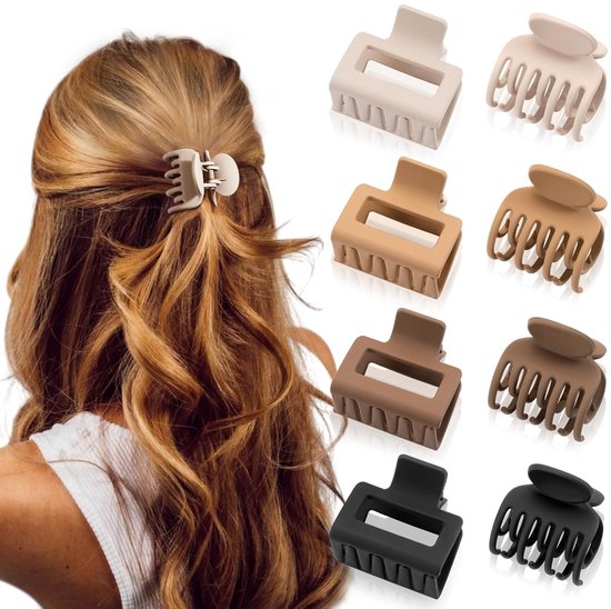 Set van 7 matte rechthoekige en ronde haarklemmen in beige, bruin en zwart, één klem gedragen in golvend blond haar.