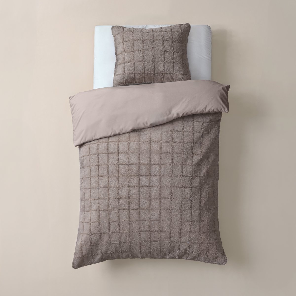 Sleeptime Furry Check Dekbedovertrek - Eenpersoons - 140X200/260 + 1 x kussensloop 60x70 - Taupe