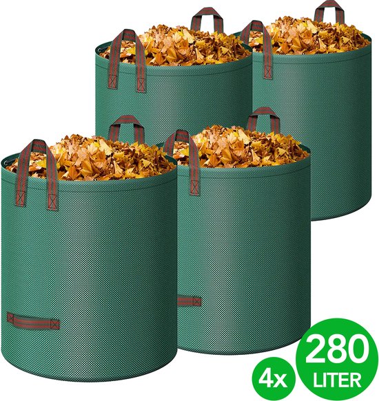 Set van vier groene Brixy tuinafvalzakken, elk 280L, gevuld met bladeren.