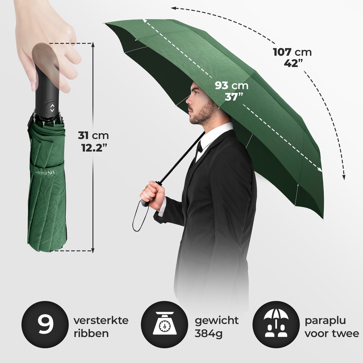 Wilford & Sons Stormparaplu Opvouwbaar Zak Paraplu Stormproof + Knop Automatisch & Beschermhoes | Heren Dames - Compact Stevig, Teflon Wind & Waterdicht Handvat Polsstrap| Reisparaplu Zakparaplu Golf, Groen - Dubble Dak — cadeau in Cadeau-ideeën - foto 3