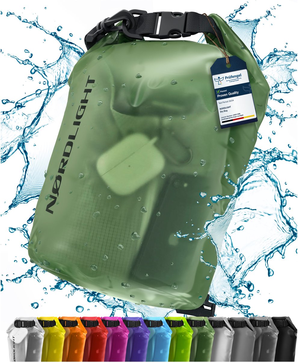 NORDLIGHT Dry Bag en Waterdichte Tas - (10L, Donkergroen) Waterdichte pakzak met rolsluiting en schouderband | Zwemmen, strand, kanoën, staand peddelen, duiken