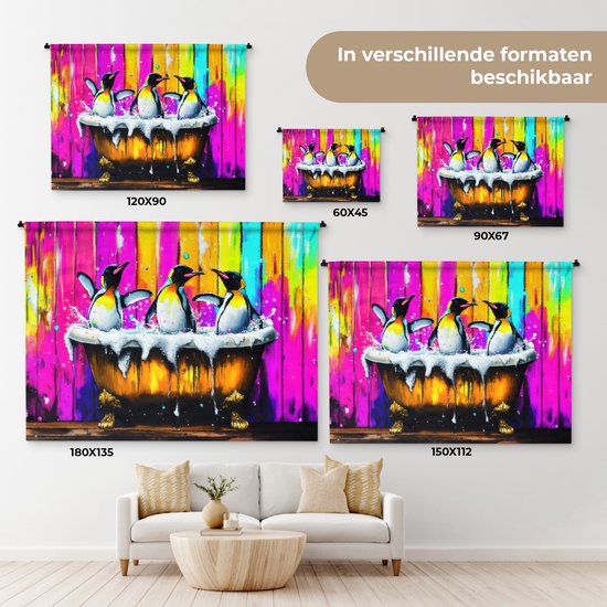 Wandkleed 150x112 cm - Wanddoek Pinguïns - Badkuip - Kleurrijk - Schuim - Wandtapijt - Wandkleden