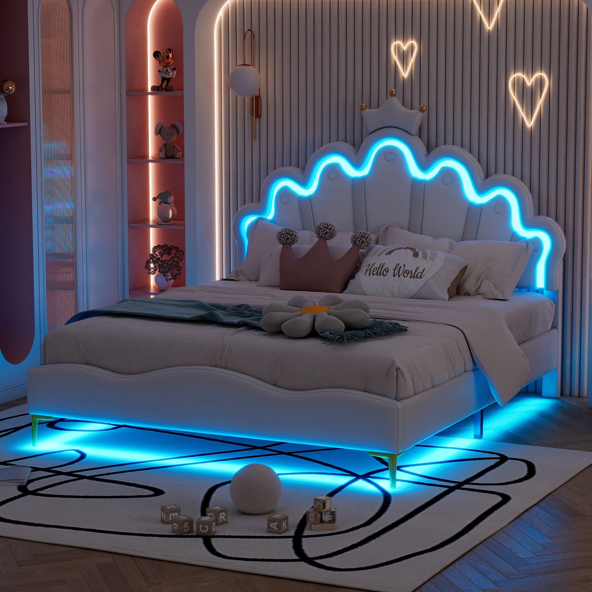 140 x 200cm tweepersoonsbed - kroonvormig prinsessenbed - PU-lederen bekleding - verstelbare LED-sfeerlichtstrip - wit - zonder matras