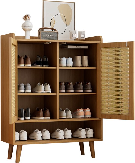 Meuble à chaussures en rotin naturel - meuble à chaussures avec 2 portes et 5 étagères - avec poignées en bois et pieds en bois massif - 80x35x105 cm