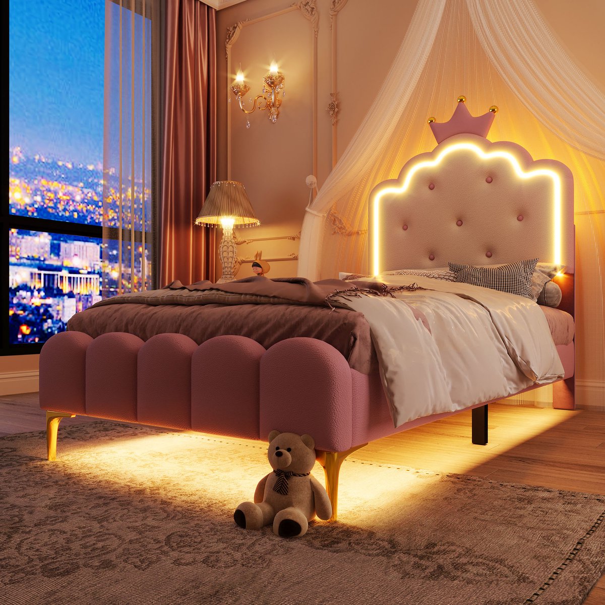 Gestoffeerd bed - 90 x 200cm - met lattenbodem - zonder matras - sfeerlicht met afstandsbediening - kroonprinsesvorm - PU - roze
