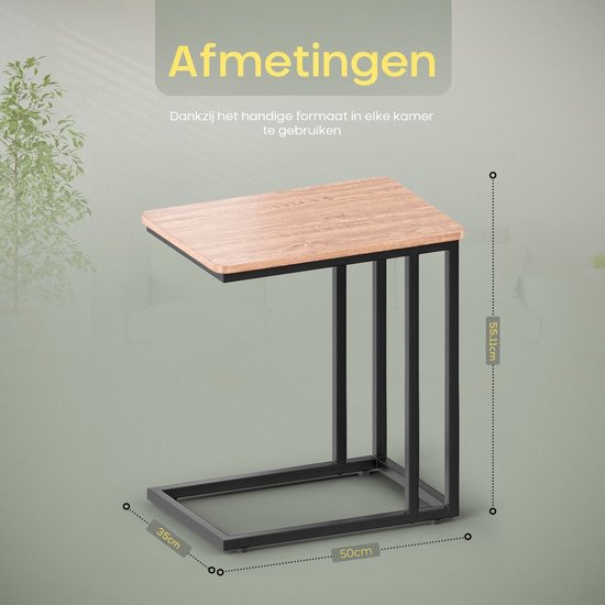 Afmetingen van een bijzettafel met houtnerf blad en zwart metalen frame: 50cm breed, 35cm diep, 55.1cm hoog.