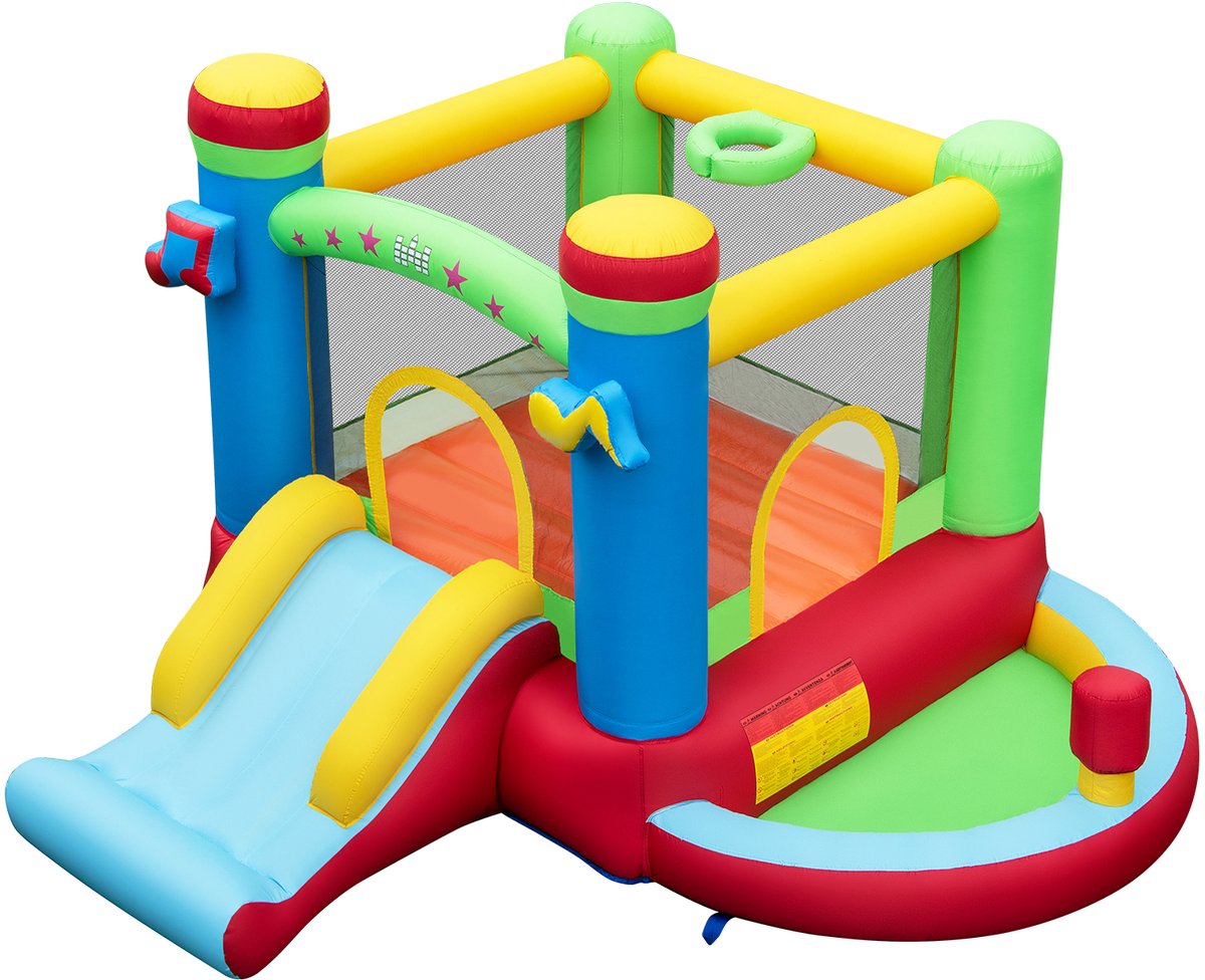 COSTWAY Springkasteel met glijbaan, springgebied, basketbalkorf, ballenbad en boksruimte, voor binnen en buiten, incl. draagtas, reparatieset, 294 x 290 x 190 cm