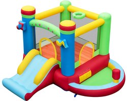 COSTWAY Springkasteel met glijbaan, springgebied, basketbalkorf, ballenbad en boksruimte, voor binnen en buiten, incl. draagtas, reparatieset, 294 x 290 x 190 cm