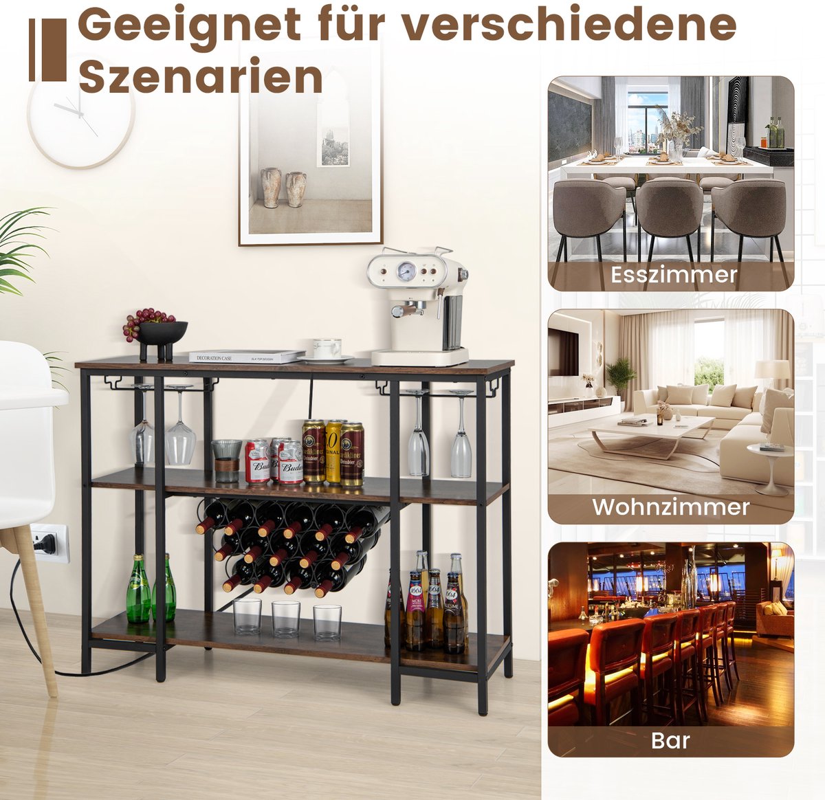 COSTWAY Wijnrek met glazen houder en planken, 3 niveaus, flessenrek met stopcontacten, voor 15 wijnflessen, industri毛le en vrijstaande wijnkast voor thuis, keuken, bar, 113 x 35 x 85 cm — cadeau in Cadeau-ideeën - foto 7