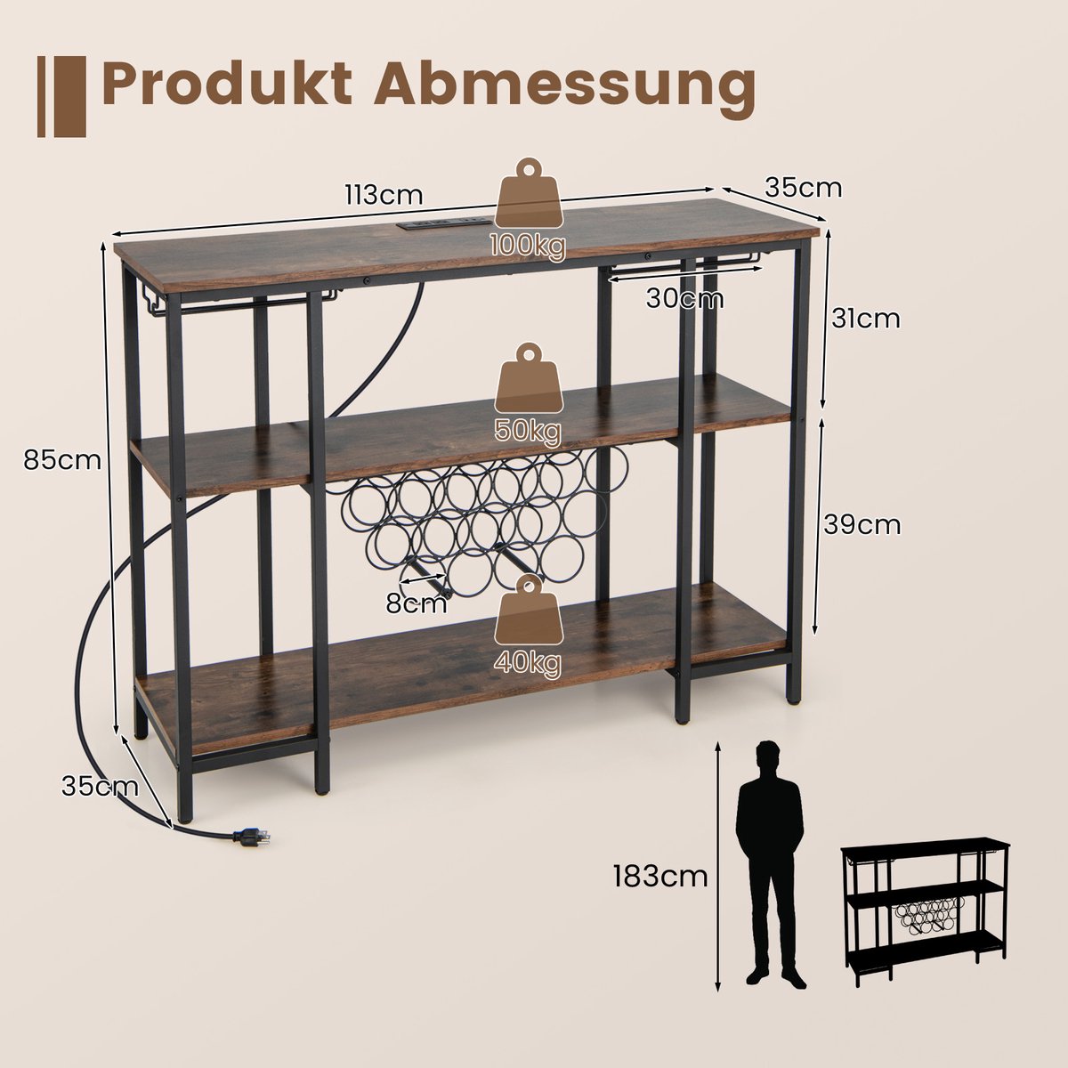 COSTWAY Wijnrek met glazen houder en planken, 3 niveaus, flessenrek met stopcontacten, voor 15 wijnflessen, industri毛le en vrijstaande wijnkast voor thuis, keuken, bar, 113 x 35 x 85 cm — cadeau in Cadeau-ideeën - foto 2