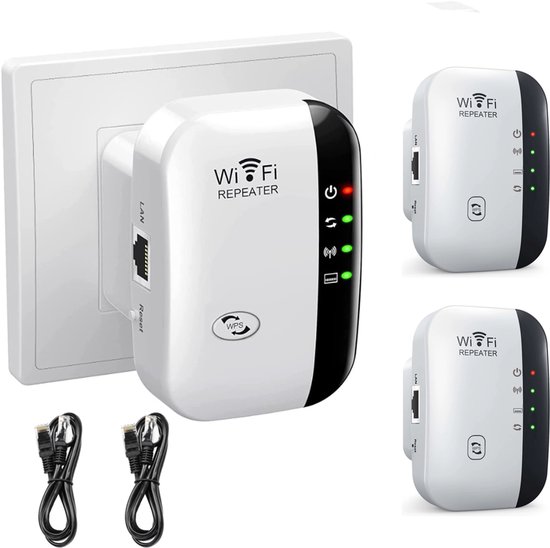 Amplificateur Wi-Fi - 2 pièces - Prise amplificateur Wi-Fi - Amplificateur de signal pour la maison - Installation en un clic - Répéteur Wi-Fi - 300 Mbps - Câble Ethernet inclus - Câble Ethernet de 90 cm inclus