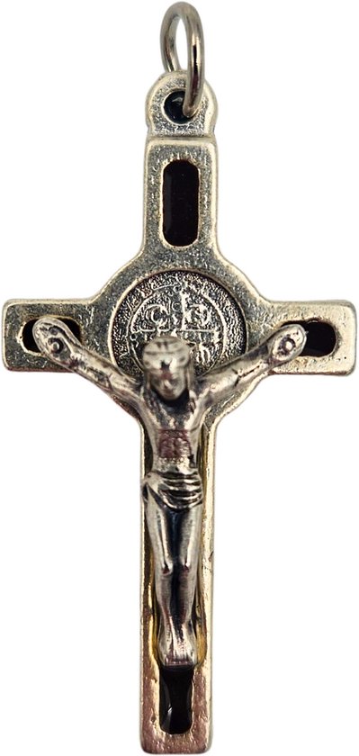 Pendentif croix Saint Benoît Collier croix - Pendentif en métal Argent italien avec émail noir et médaille - Collier religieux catholique pendentif Jésus 4×2 cm