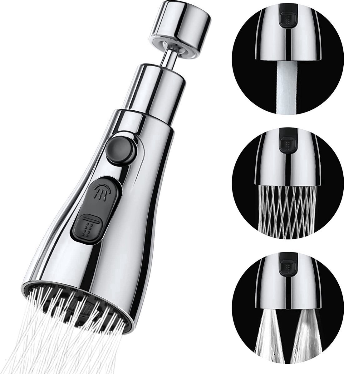 Kraan opzetstuk - 360 graden draaien -Keuken Tap G1/2 - 3 standen -Kraankop- Afwassen - Keukenkraan - Waterbesparend -Flexibele kraankop - Verlengstuk - Kraanonderdelen - Roterende kraanslang - Kraan mondstuk - zilver