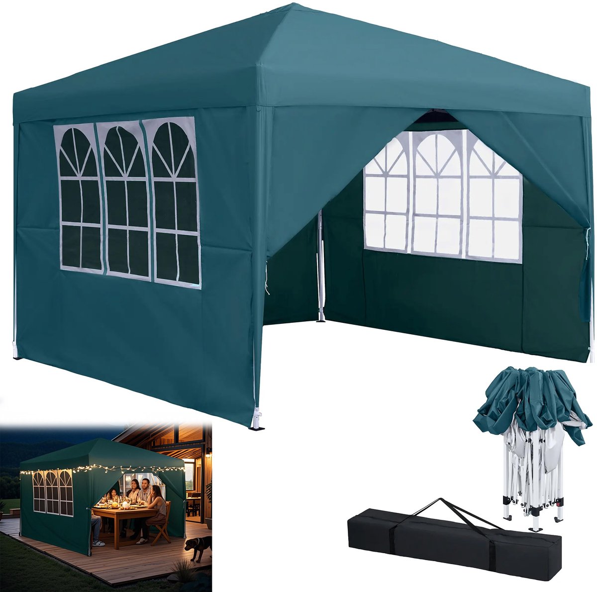Compact With Button Paviljoen 2,5x2,5m - Met 4 Zijdelen - UV-Waterdicht Groen