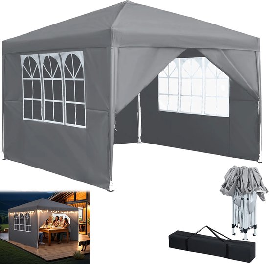 Paviljoen met 4 Zijdelen + Ramen - 3x3m - Hoogte 2,6m - Waterdicht & UV-Bescherming Grijs