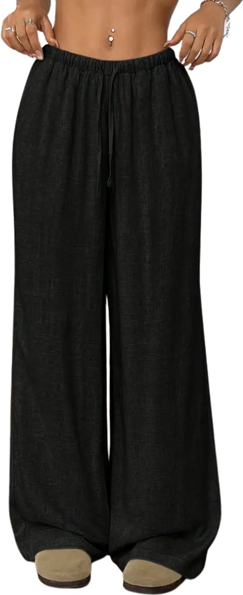 Livano Linnen Broek Dames Zomerbroek Volwassenen Lange Broek Pantalon Strandbroek Zomer Ibiza Stijl Zwart