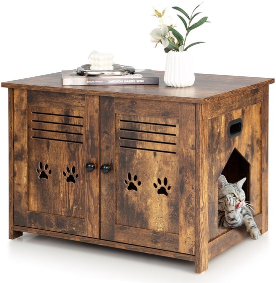 COSTWAY Kattenkast, kattentoilet, kattenmand met 2 deuren en ingang, kattenhuis, kattenbak, kast, voor katten, honden, huisdieren, huisdierbox, vintage bruin
