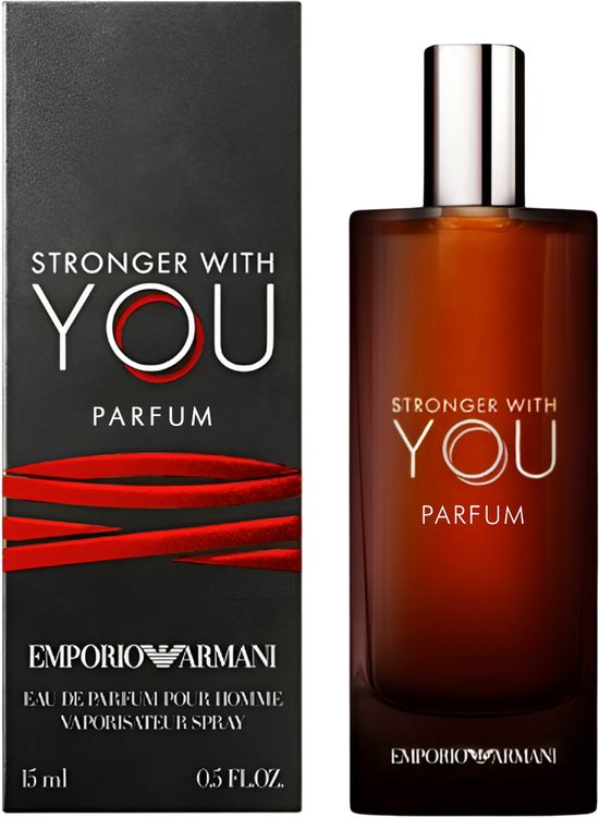 Emporio Armani 'Stronger With You Parfum' 15ml reisset met doosje met rode lijnen en flacon met bruine tint.