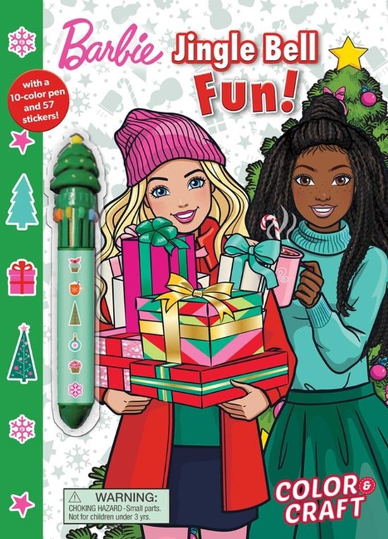 Barbie Jingle Bell Fun! kleurboek met 10-kleuren pen en stickers. Twee barbies met kerstcadeaus.