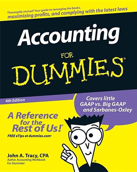 Boek "Accounting For Dummies", 4e editie, met gele en paarse accenten en een getekend personage.
